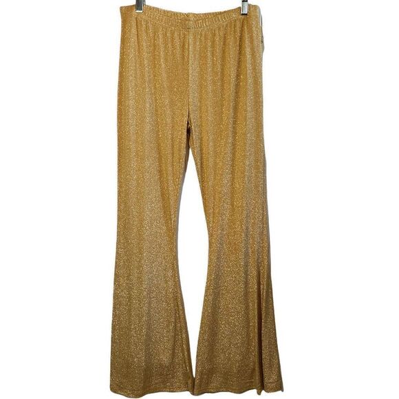 Sparkle City Wide Leg Pants Womens Large Gold Glittery Flares Stretch Festival - Picture 1 of 5